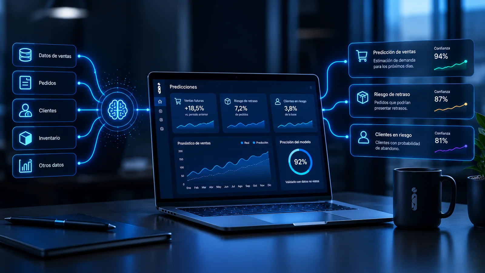 Los datos de ventas, pedidos, clientes e inventario entran a un modelo que muestra en un tablero la predicción de ventas, el riesgo de retraso y los clientes en riesgo.